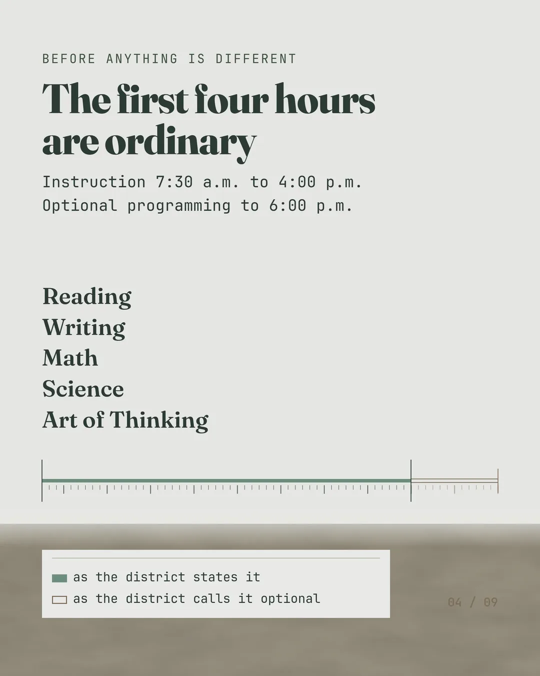 Instruction 7:30 a.m. to 4:00 p.m. Optional programming to 6:00 p.m.