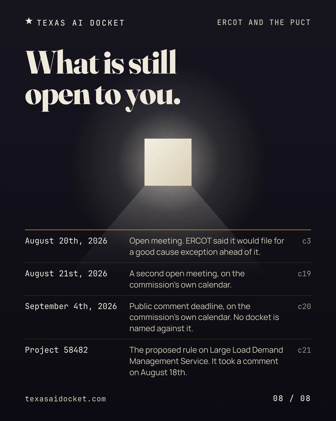 What is still open to you. Open meeting. ERCOT said it would file for a good cause exception ahead of it. A second open meeting, on the commission's own calendar. Public comment deadline, on the commission's own calendar. No docket is named against it. The proposed rule on Large Load Demand Management Service. It took a comment on August 18th.
