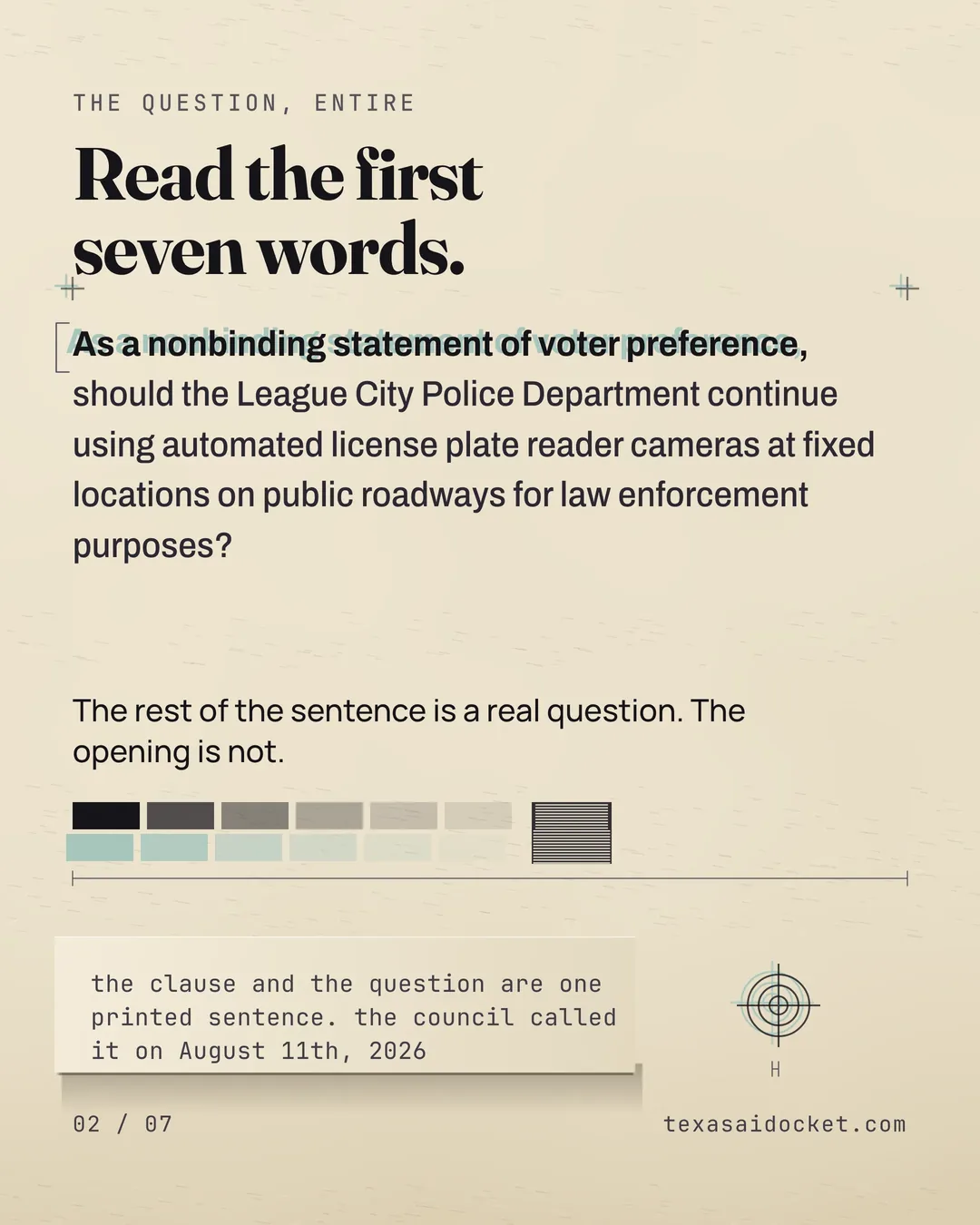 Read the first seven words. should the League City Police Department continue using automated license plate reader cameras at fixed locations on public roadways for law enforcement purposes? The rest of the sentence is a real question. The opening is not. the clause and the question are one printed sentence. the council called it on August 11th, 2026