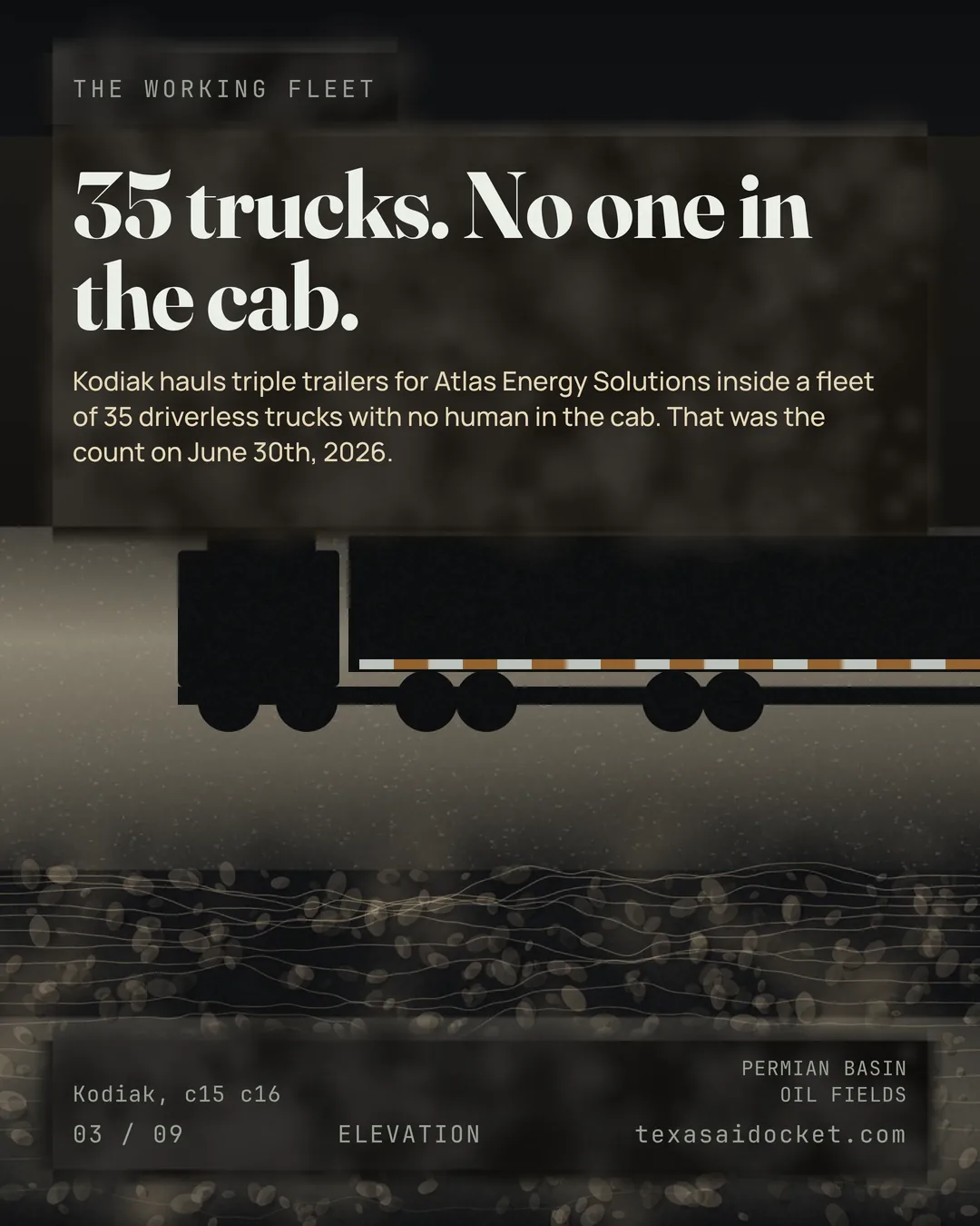 35 trucks. No one in the cab. Kodiak hauls triple trailers for Atlas Energy Solutions inside a fleet of 35 driverless trucks with no human in the cab. That was the count on June 30th, 2026.