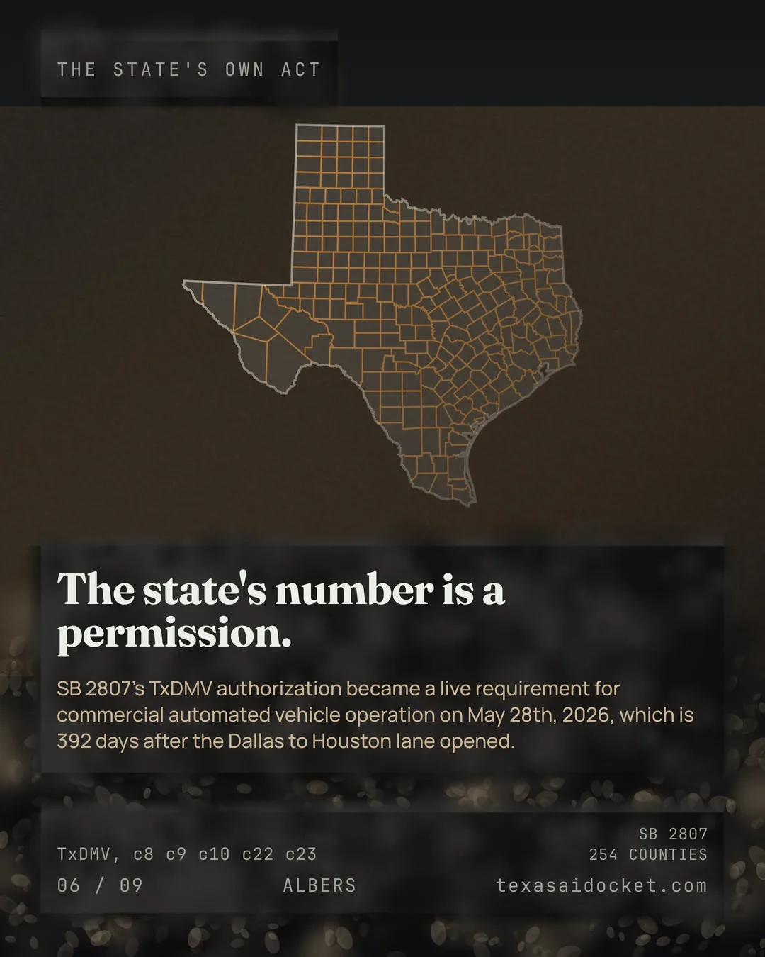 The state's number is a permission. SB 2807's TxDMV authorization became a live requirement for commercial automated vehicle operation on May 28th, 2026, which is 392 days after the Dallas to Houston lane opened.