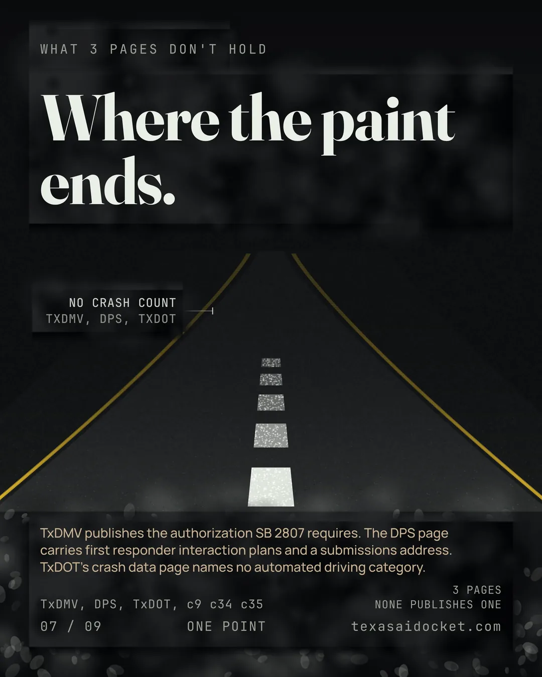 Where the paint ends. TxDMV publishes the authorization SB 2807 requires. The DPS page carries first responder interaction plans and a submissions address. TxDOT's crash data page names no automated driving category.
