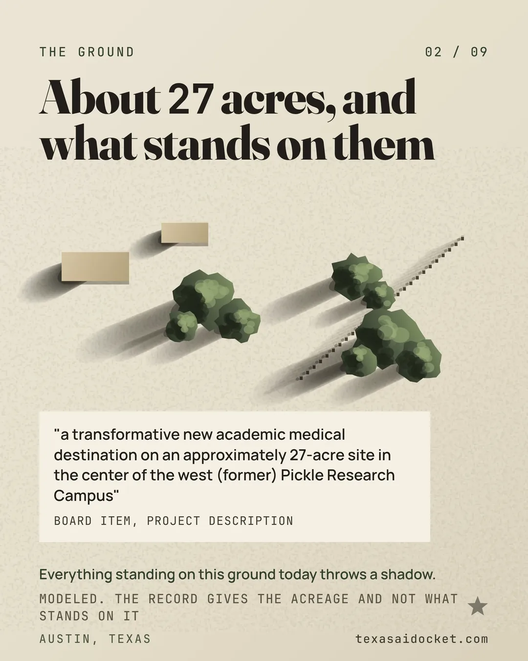 a transformative new academic medical destination on an approximately 27-acre site in the center of the west (former) Pickle Research Campus Everything standing on this ground today throws a shadow.
