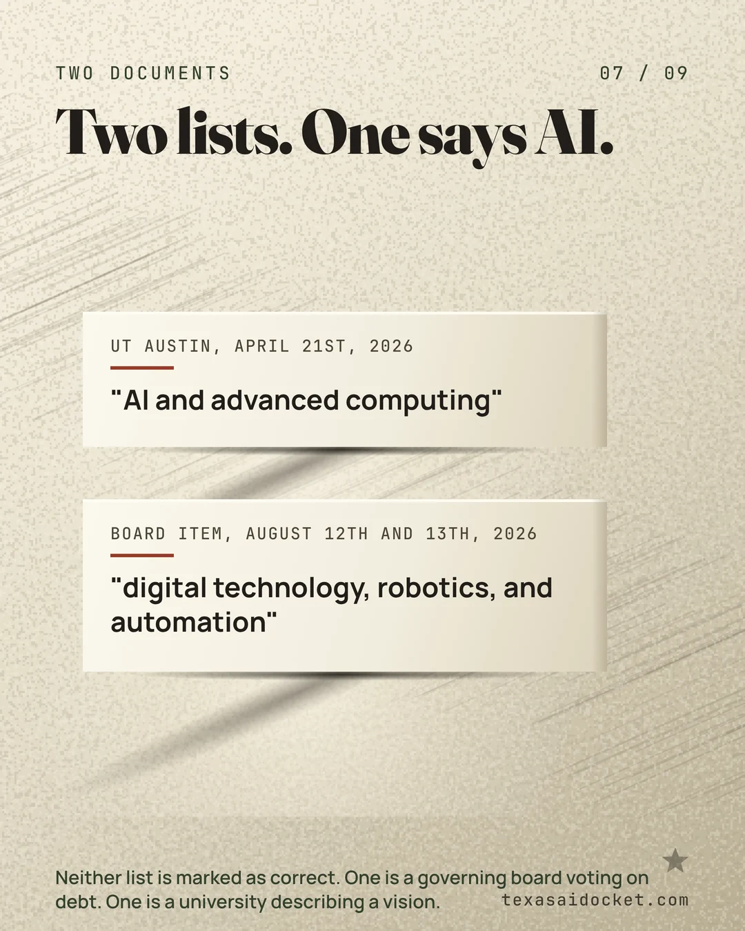 Two lists. One says AI. Neither list is marked as correct. One is a governing board voting on debt. One is a university describing a vision.