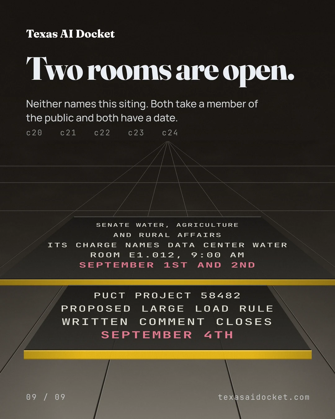 Two rooms are open. Neither names this siting. Both take a member of the public and both have a date.
