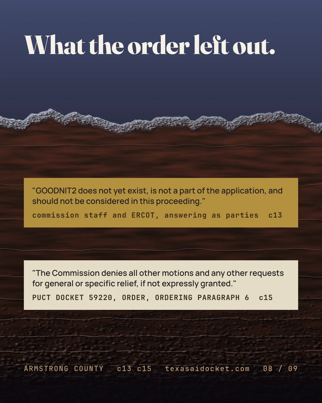 What the order left out. "GOODNIT2 does not yet exist, is not a part of the application, and should not be considered in this proceeding." "The Commission denies all other motions and any other requests for general or specific relief, if not expressly granted."