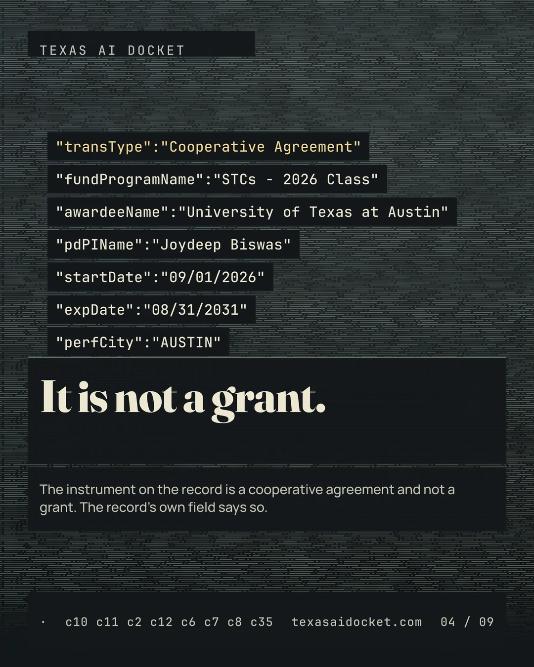 It is not a grant. The instrument on the record is a cooperative agreement and not a grant. The record's own field says so.