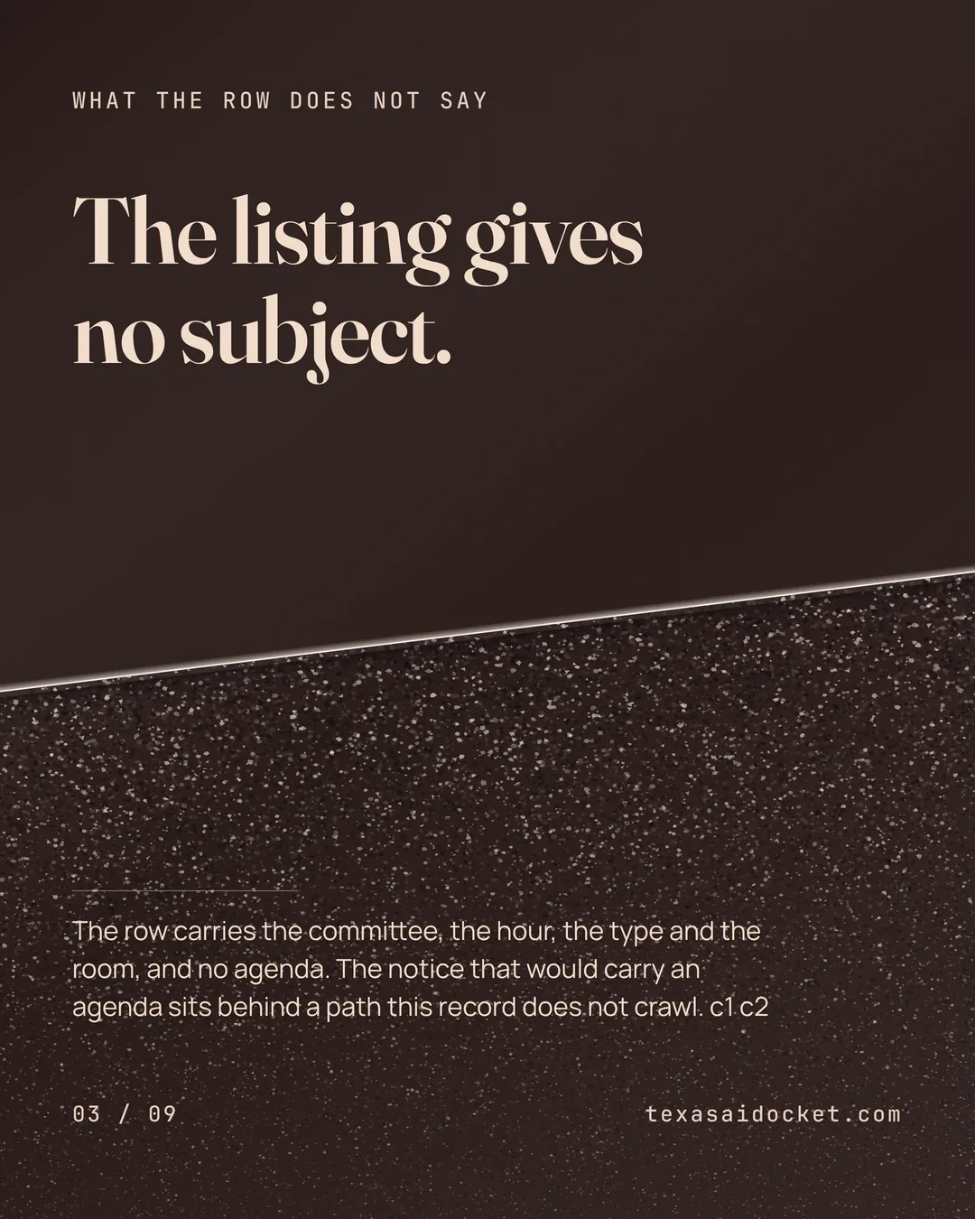 The listing gives no subject. The row carries the committee, the hour, the type and the room, and no agenda. The notice that would carry an agenda sits behind a path this record does not crawl.