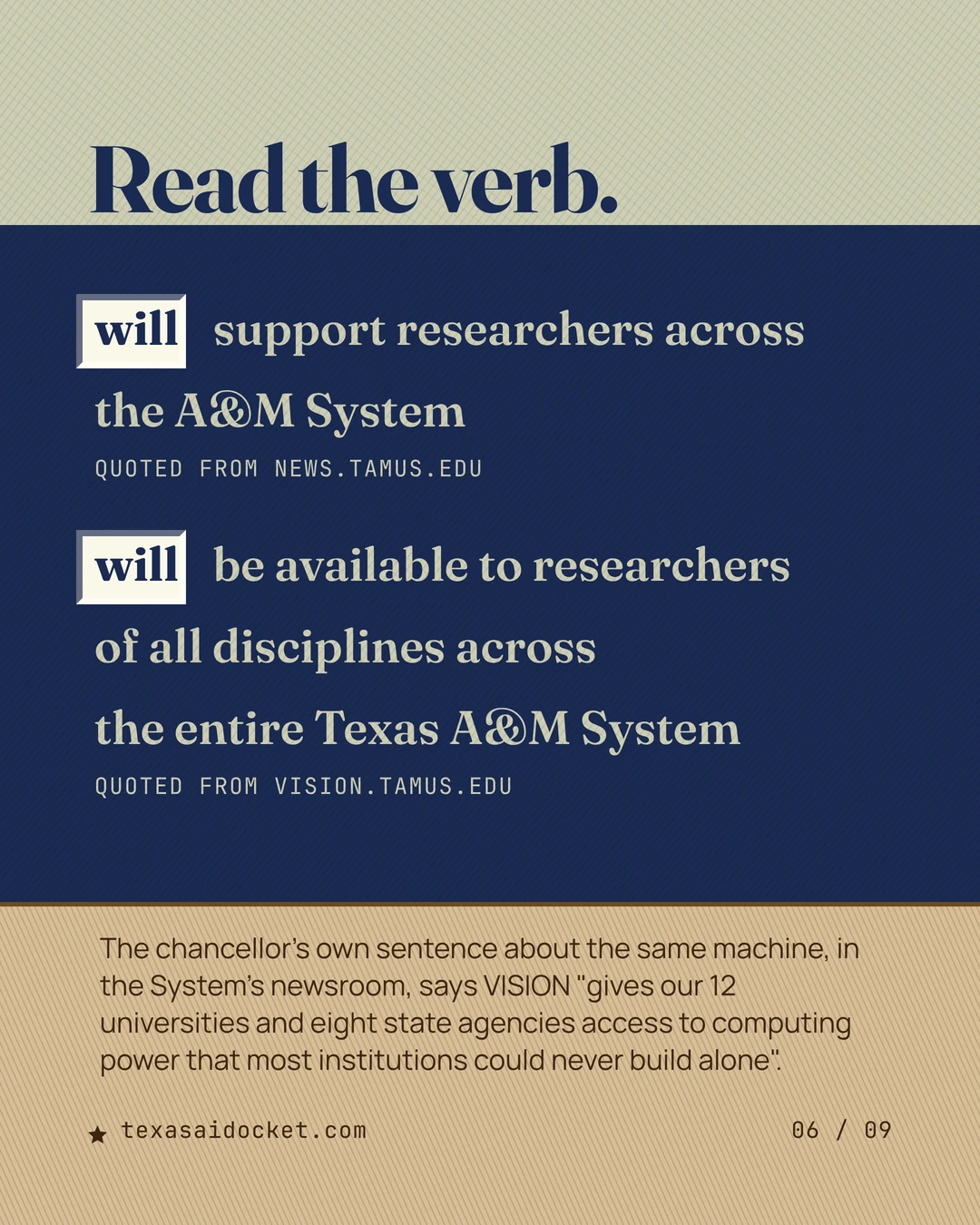 The System's newsroom quotes the chancellor on the same machine. He says VISION gives 12 universities and eight state agencies "access to computing power that most institutions could never build alone".