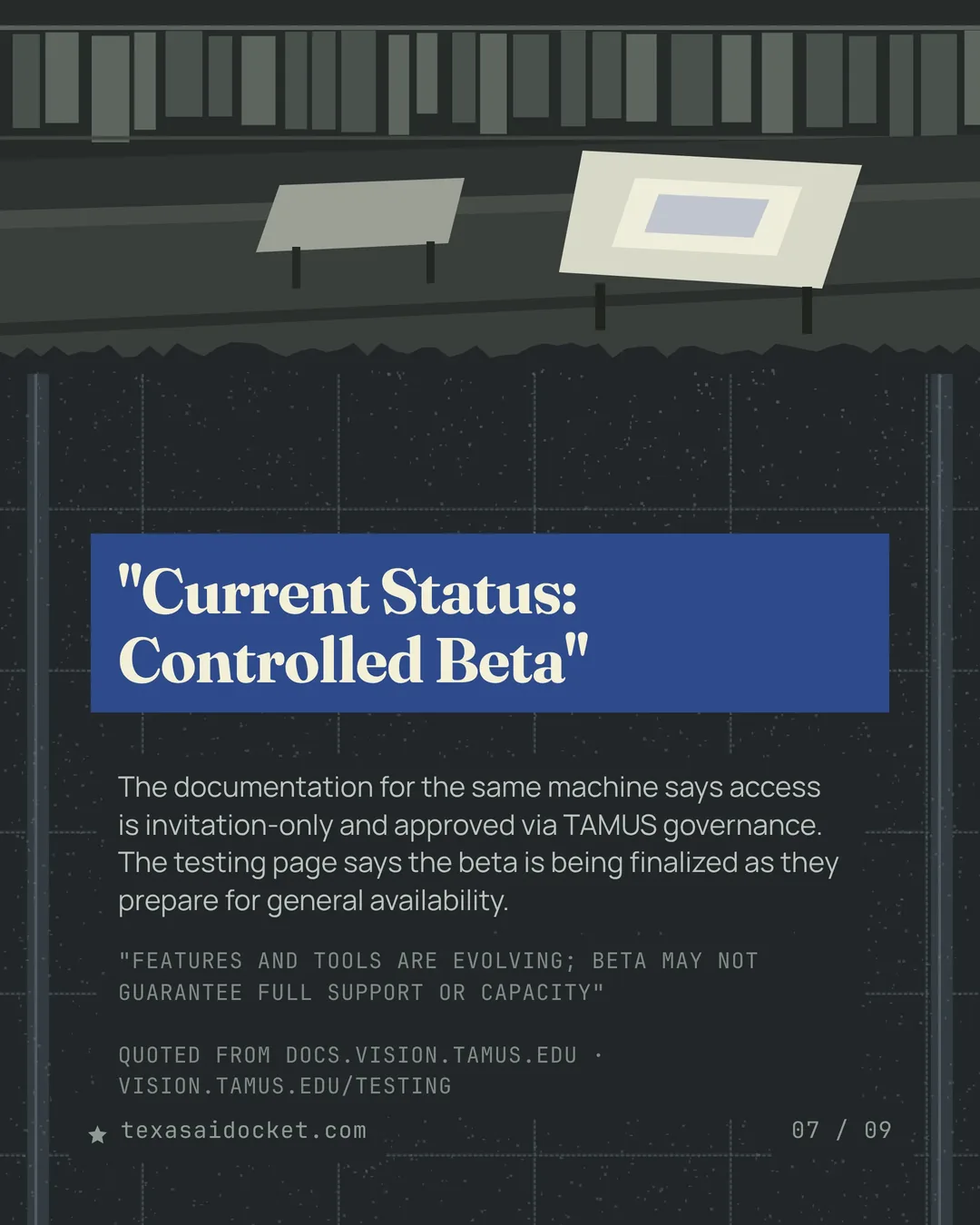 The documentation for the same machine says access is invitation-only and approved via TAMUS governance. The testing page says the beta is being finalized as they prepare for general availability. "Features and tools are evolving; beta may not guarantee full support or capacity" QUOTED FROM DOCS.VISION.TAMUS.EDU · VISION.TAMUS.EDU/TESTING