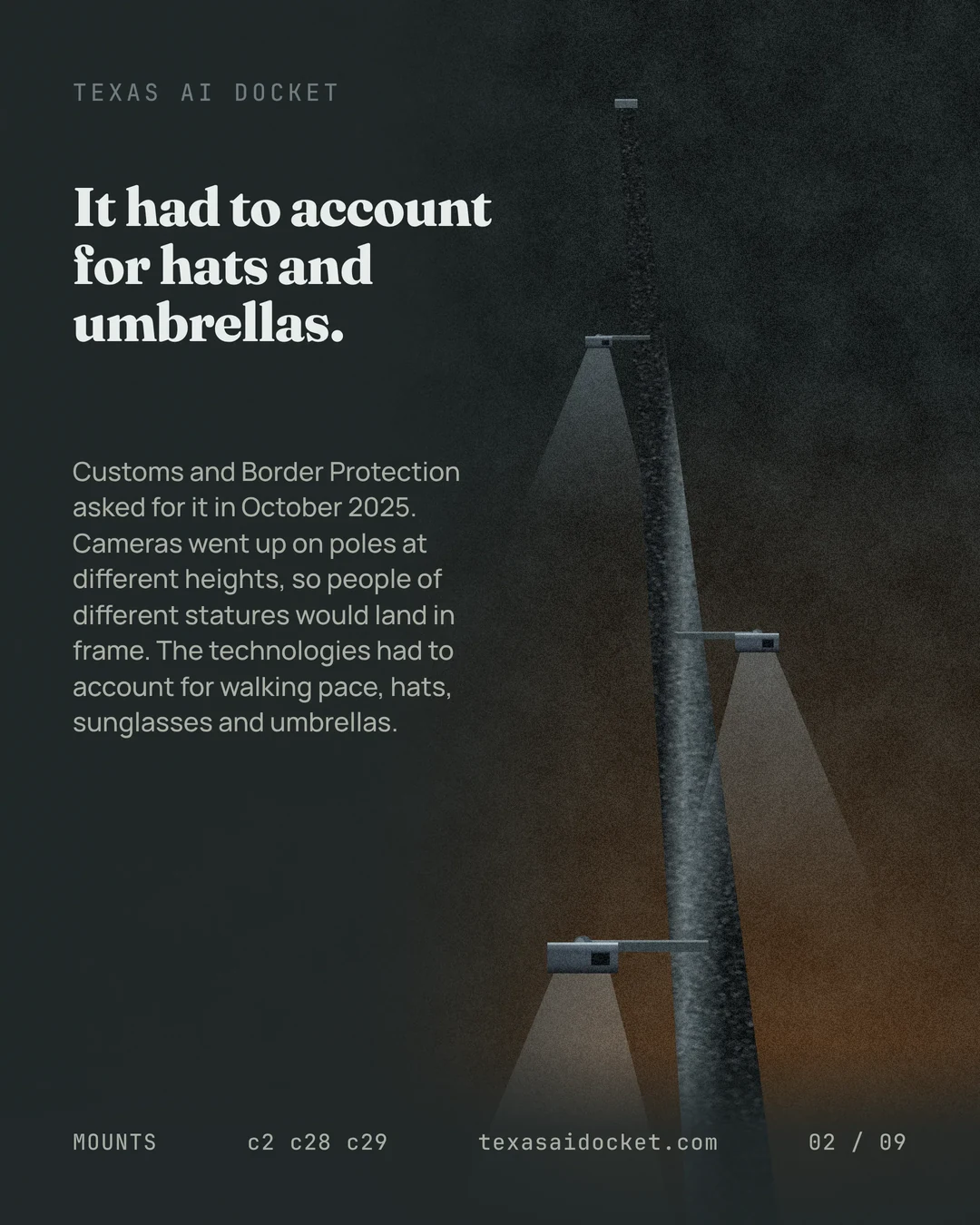 It had to account for hats and umbrellas. Customs and Border Protection asked for it in October 2025. Cameras went up on poles at different heights, so people of different statures would land in frame. The technologies had to account for walking pace, hats, sunglasses and umbrellas.