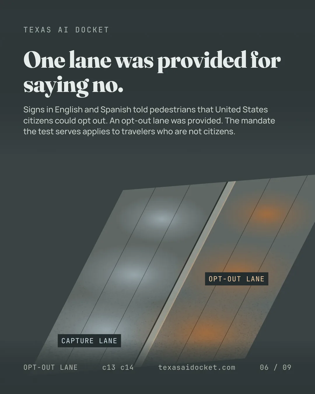 One lane was provided for saying no. Signs in English and Spanish told pedestrians that United States citizens could opt out. An opt-out lane was provided. The mandate the test serves applies to travelers who are not citizens.