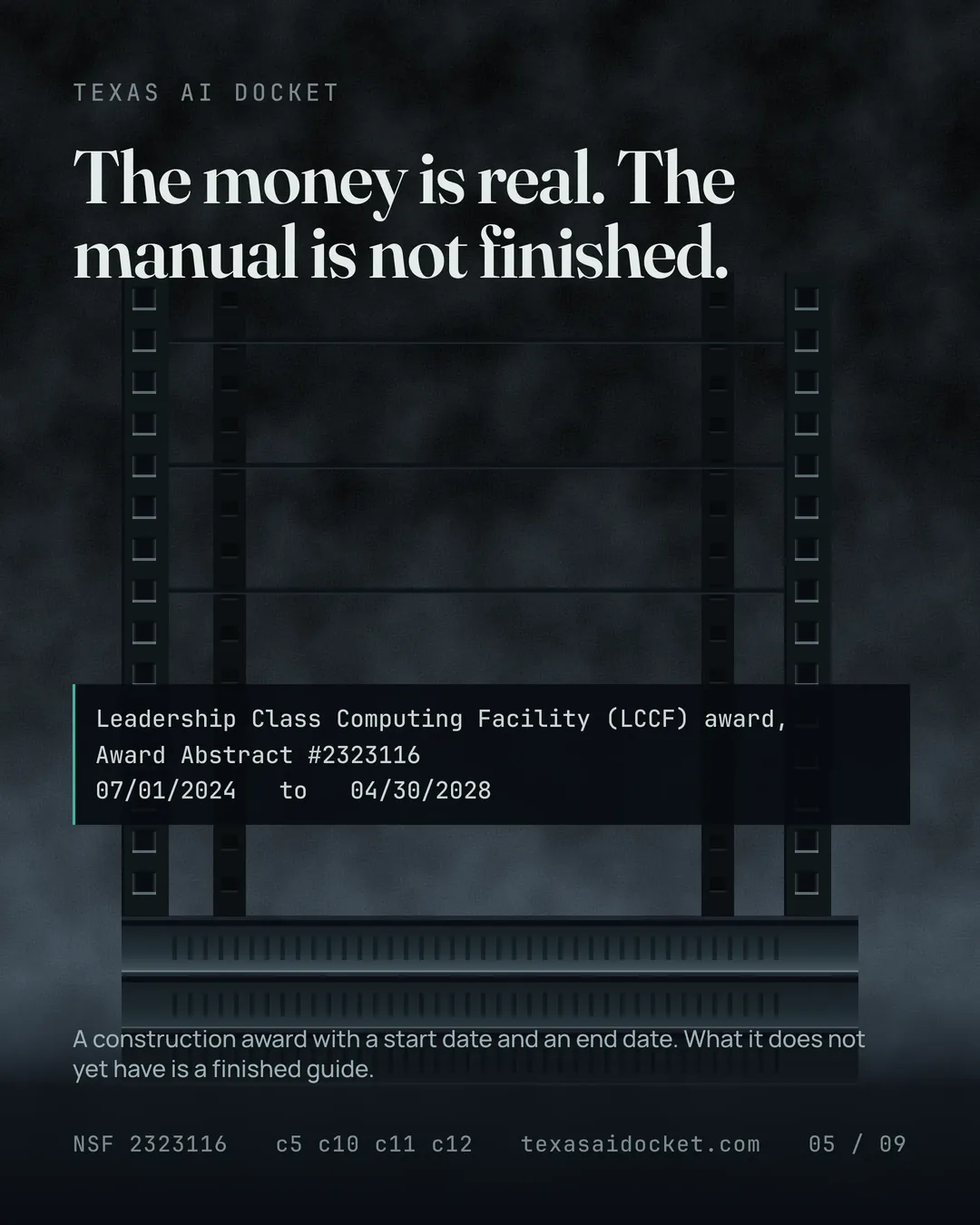The money is real. The manual is not finished. Leadership Class Computing Facility (LCCF) award, Award Abstract #2323116 07/01/2024 to 04/30/2028 A construction award with a start date and an end date. What it does not yet have is a finished guide.