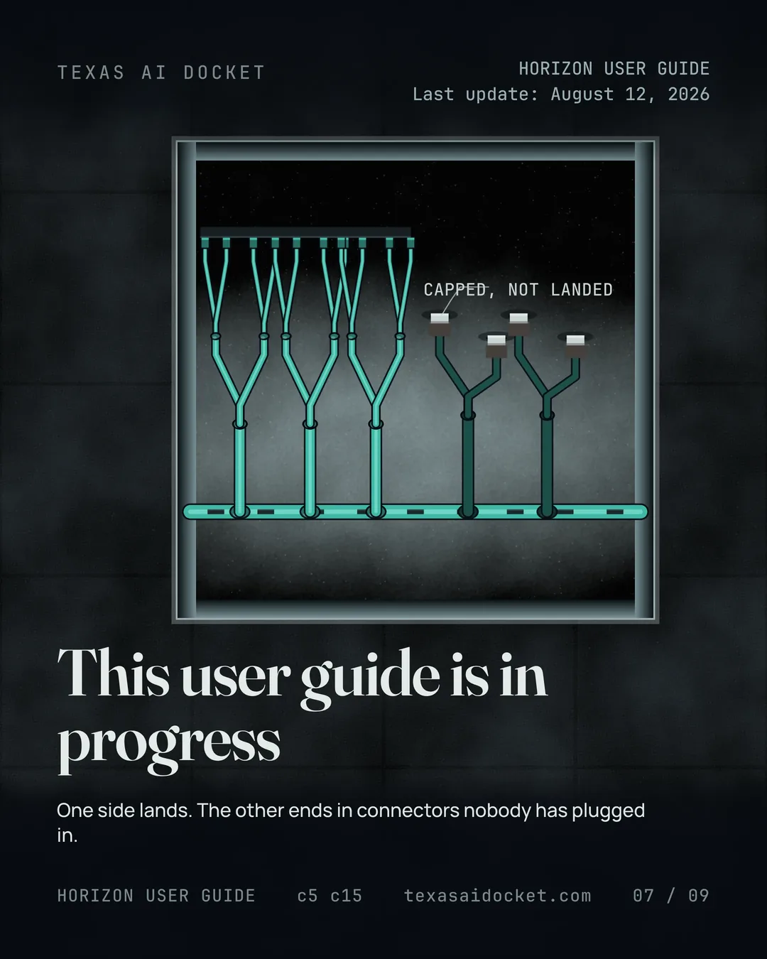 One side lands. The other ends in connectors nobody has plugged in.