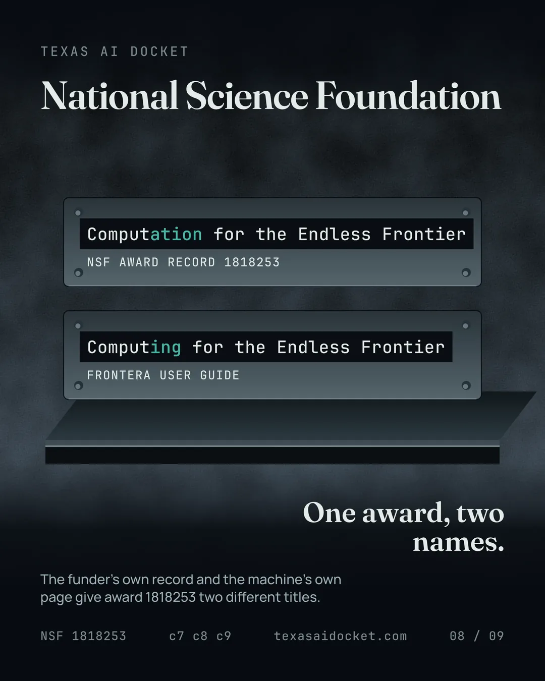 The funder's own record and the machine's own page give award 1818253 two different titles. One award, two names.