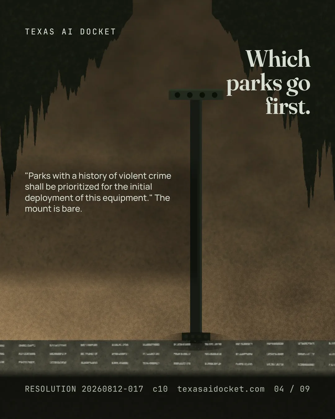 Which parks go first. "Parks with a history of violent crime shall be prioritized for the initial deployment of this equipment." The mount is bare.