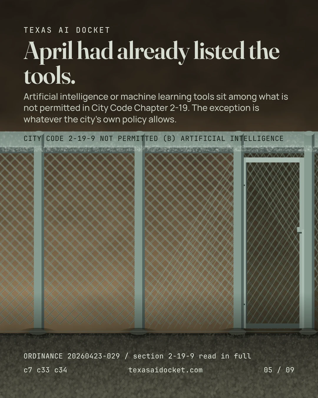 April had already listed the tools. Artificial intelligence or machine learning tools sit among what is not permitted in City Code Chapter 2-19. The exception is whatever the city's own policy allows.