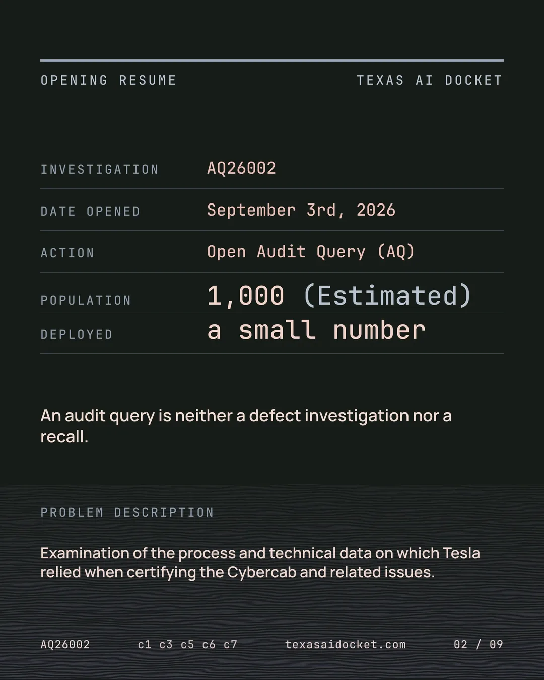 An audit query is neither a defect investigation nor a recall. Examination of the process and technical data on which Tesla relied when certifying the Cybercab and related issues.