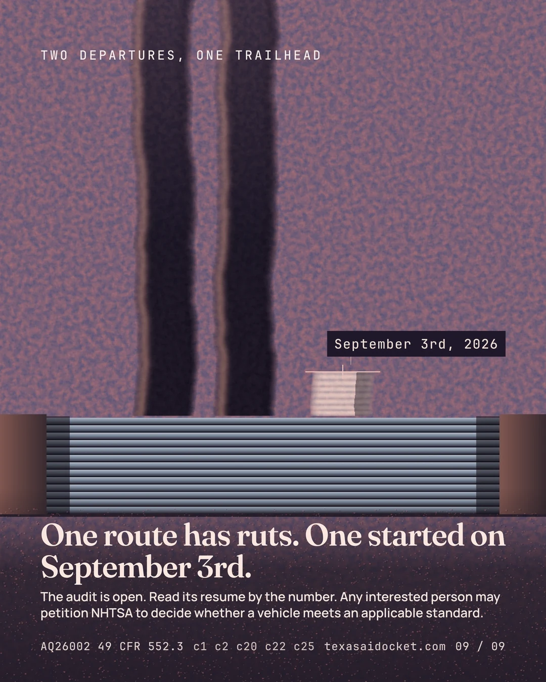 One route has ruts. One started on September 3rd. The audit is open. Read its resume by the number. Any interested person may petition NHTSA to decide whether a vehicle meets an applicable standard.