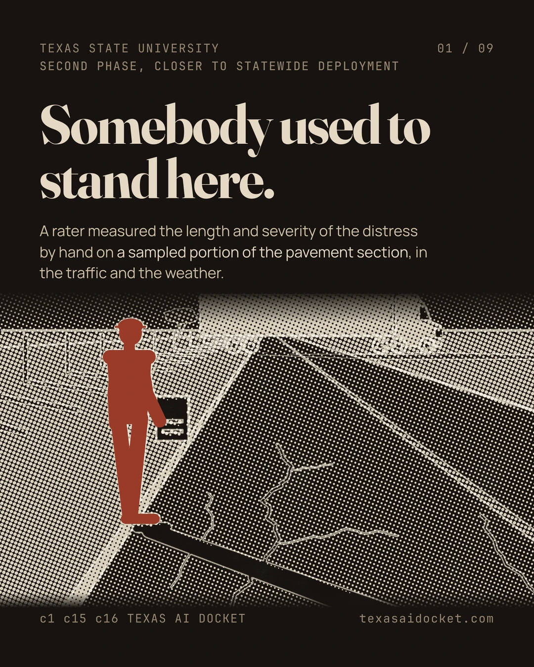 Somebody used to stand here. A rater measured the length and severity of the distress by hand on a sampled portion of the pavement section, in the traffic and the weather. Texas State University Second phase, closer to statewide deployment