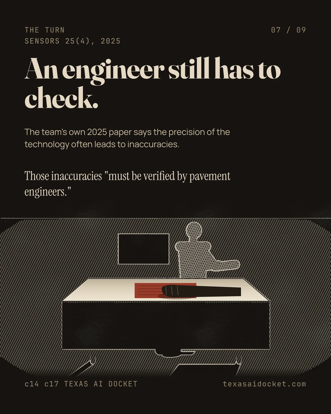 An engineer still has to check. The team's own 2025 paper says the precision of the technology often leads to inaccuracies. Those inaccuracies "must be verified by pavement engineers."