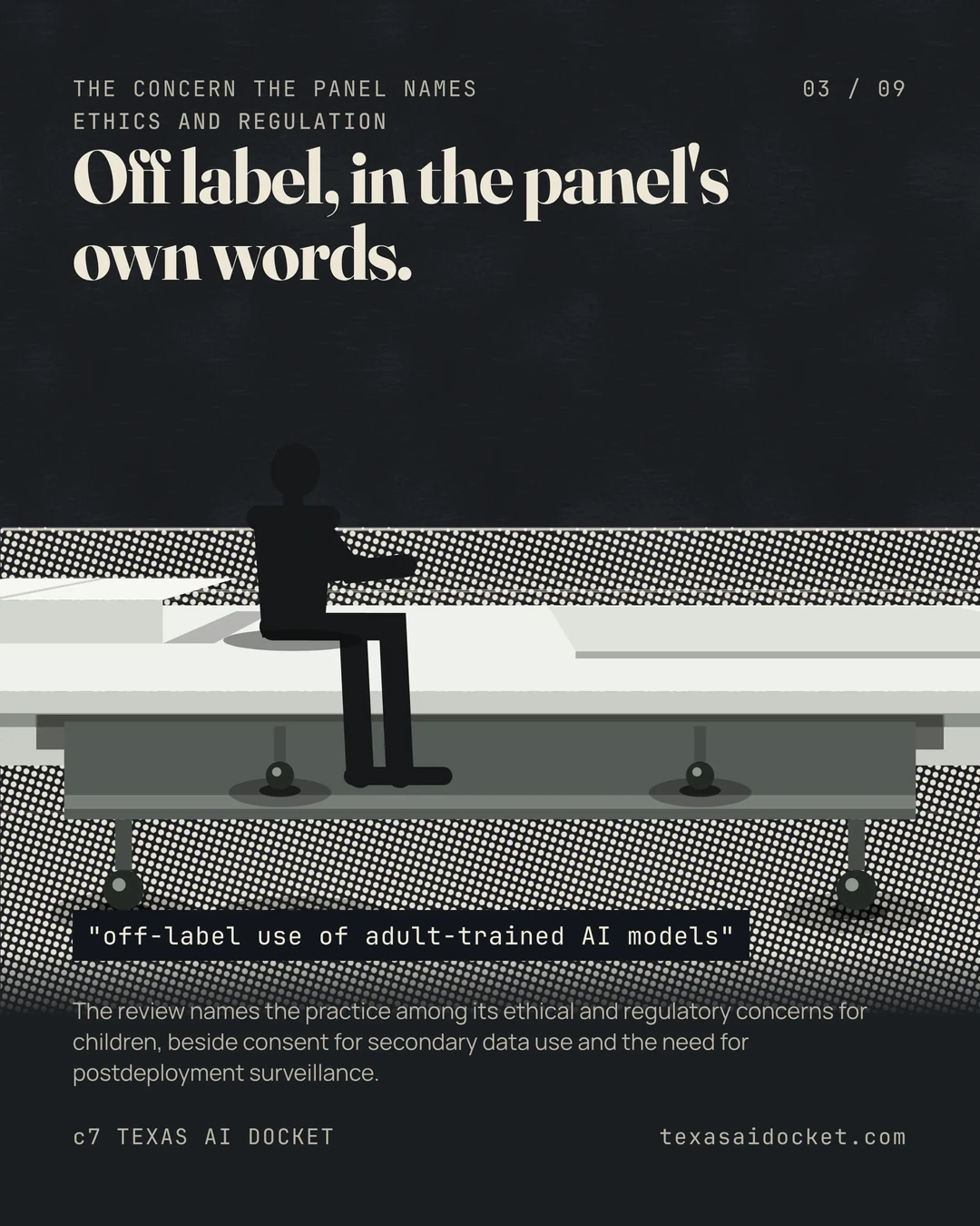Off label, in the panel's own words. The review names the practice among its ethical and regulatory concerns for children, beside consent for secondary data use and the need for postdeployment surveillance.