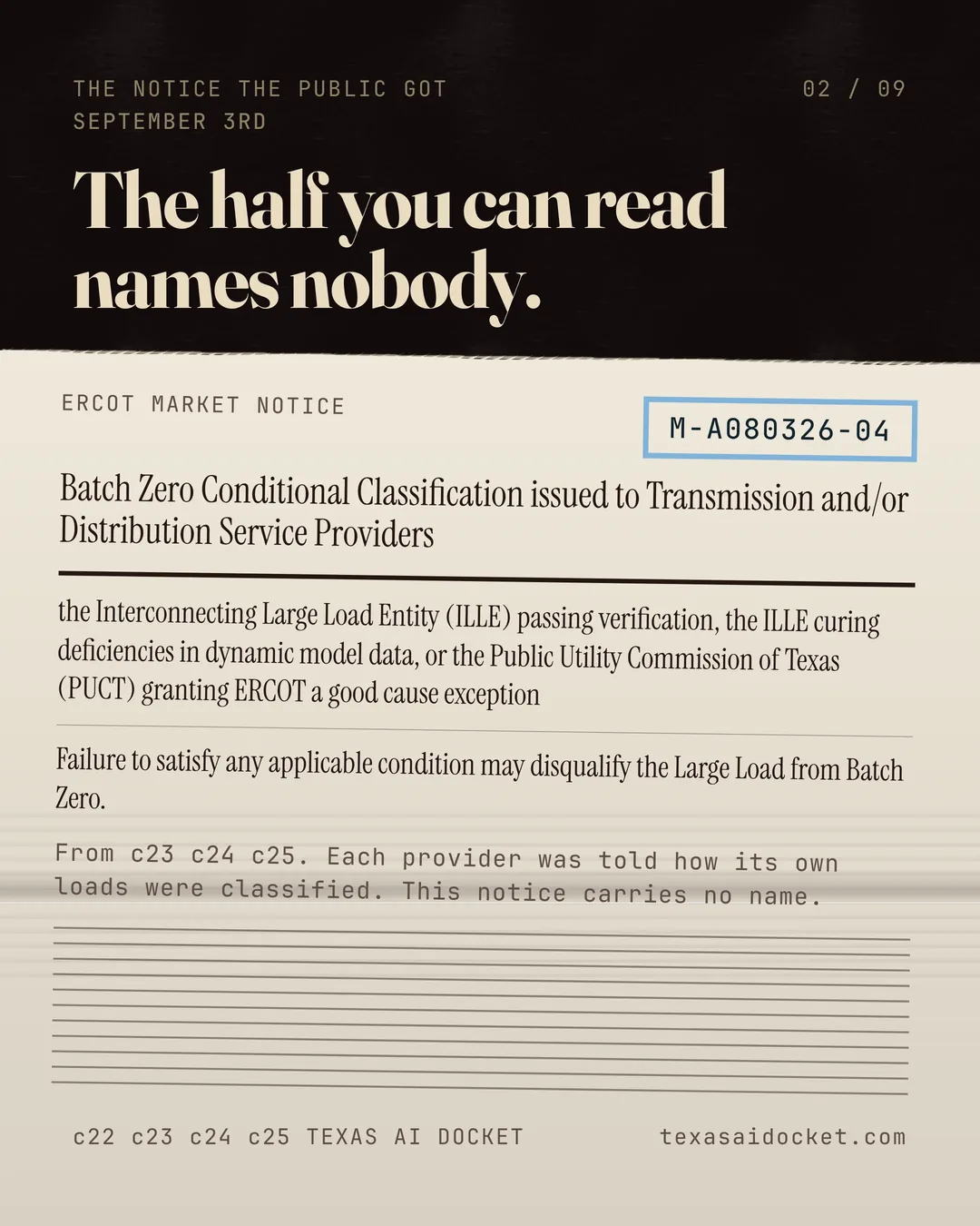 The half you can read names nobody. Batch Zero Conditional Classification issued to Transmission and/or Distribution Service Providers the Interconnecting Large Load Entity (ILLE) passing verification, the ILLE curing deficiencies in dynamic model data, or the Public Utility Commission of Texas (PUCT) granting ERCOT a good cause exception Failure to satisfy any applicable condition may disqualify the Large Load from Batch Zero. From c23 c24 c25. Each provider was told how its own loads were classified. This notice carries no name.