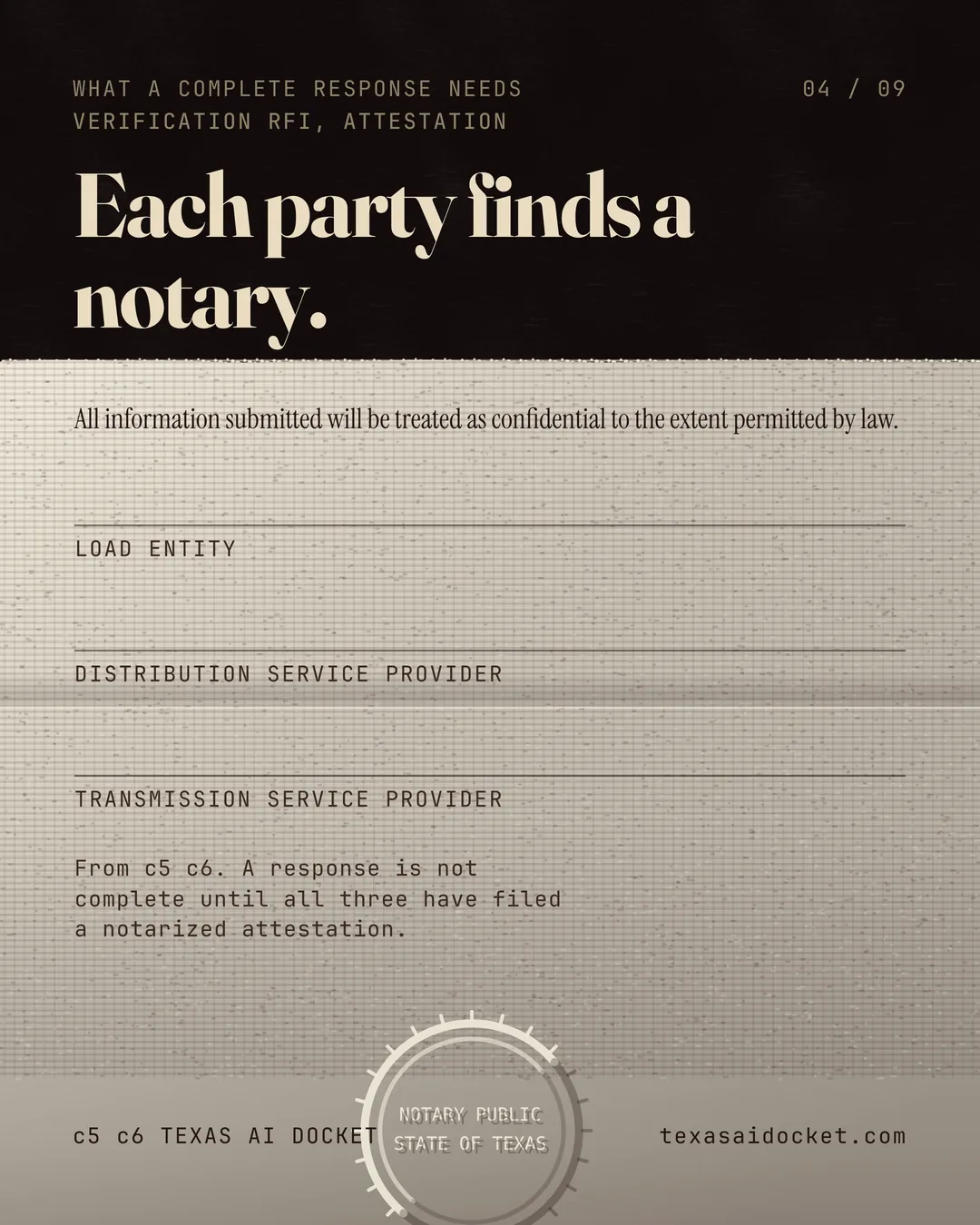 Each party finds a notary. All information submitted will be treated as confidential to the extent permitted by law. From c5 c6. A response is not complete until all three have filed a notarized attestation.