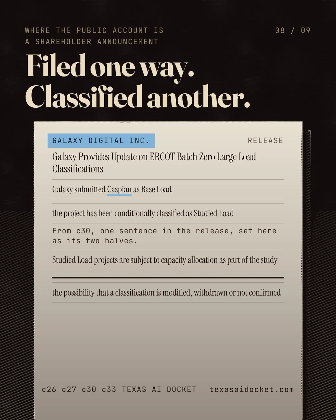 Filed one way. Classified another. Galaxy Provides Update on ERCOT Batch Zero Large Load Classifications the project has been conditionally classified as Studied Load From c30, one sentence in the release, set here as its two halves. Studied Load projects are subject to capacity allocation as part of the study the possibility that a classification is modified, withdrawn or not confirmed