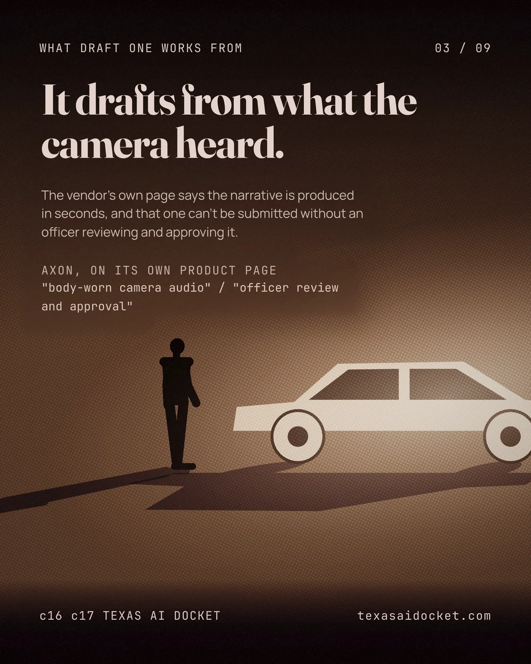 It drafts from what the camera heard. The vendor's own page says the narrative is produced in seconds, and that one can't be submitted without an officer reviewing and approving it.