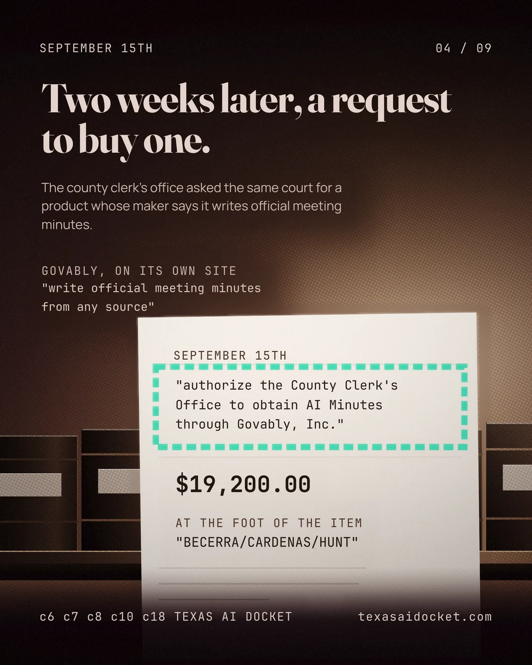 Two weeks later, a request to buy one. The county clerk's office asked the same court for a product whose maker says it writes official meeting minutes. "authorize the County Clerk's Office to obtain AI Minutes through Govably, Inc."