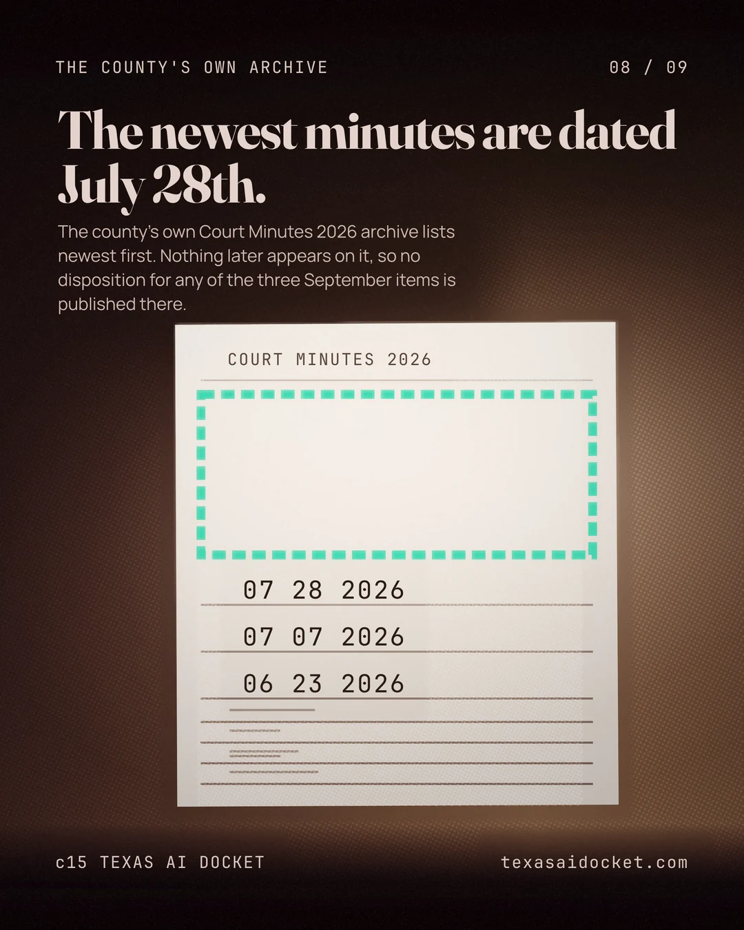 The newest minutes are dated July 28th. The county's own Court Minutes 2026 archive lists newest first. Nothing later appears on it, so no disposition for any of the three September items is published there.
