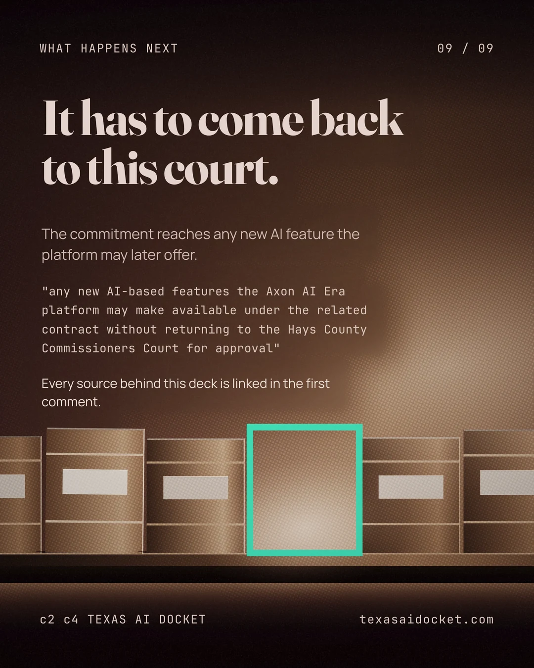 It has to come back to this court. The commitment reaches any new AI feature the platform may later offer. "any new AI-based features the Axon AI Era platform may make available under the related contract without returning to the Hays County Commissioners Court for approval" Every source behind this deck is linked in the first comment.