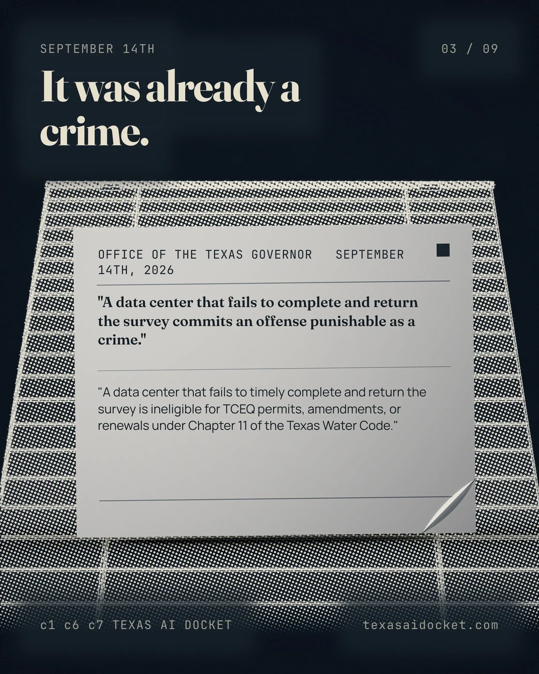 It was already a crime. "A data center that fails to complete and return the survey commits an offense punishable as a crime." "A data center that fails to timely complete and return the survey is ineligible for TCEQ permits, amendments, or renewals under Chapter 11 of the Texas Water Code."