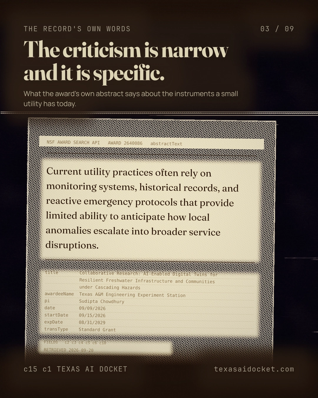 The criticism is narrow and it is specific. What the award's own abstract says about the instruments a small utility has today.