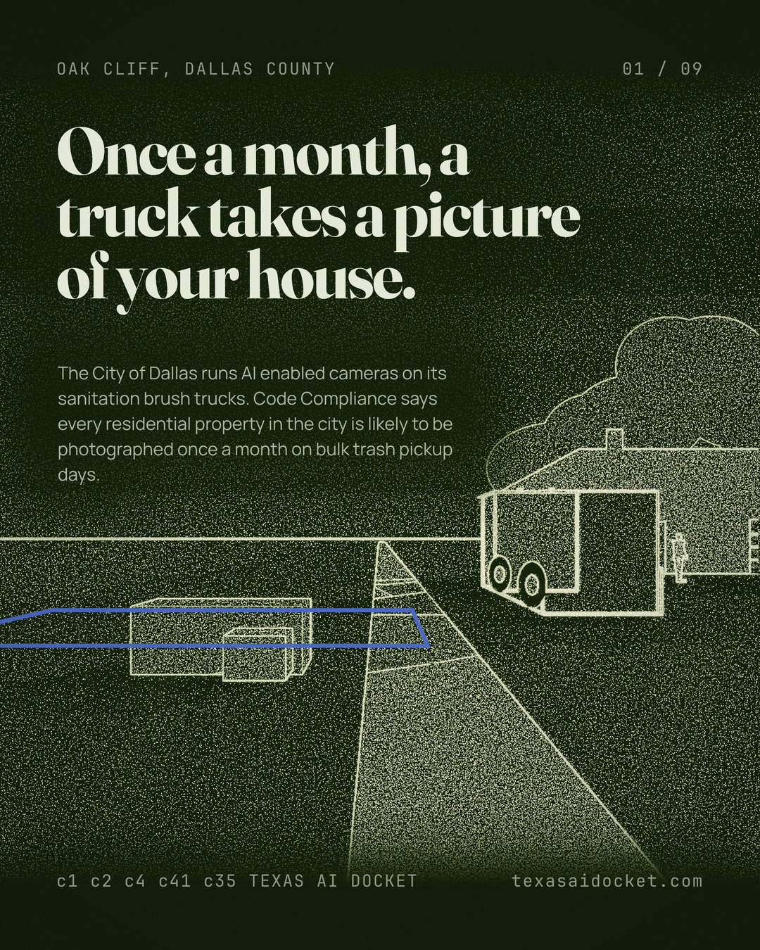 Once a month, a truck takes a picture of your house. The City of Dallas runs AI enabled cameras on its sanitation brush trucks. Code Compliance says every residential property in the city is likely to be photographed once a month on bulk trash pickup days.