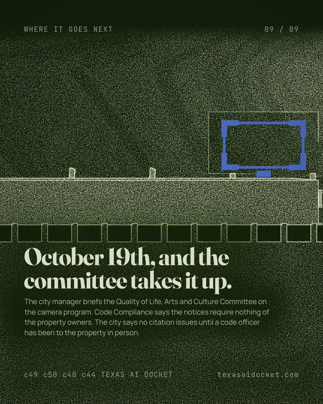 October 19th, and the committee takes it up. The city manager briefs the Quality of Life, Arts and Culture Committee on the camera program. Code Compliance says the notices require nothing of the property owners. The city says no citation issues until a code officer has been to the property in person.