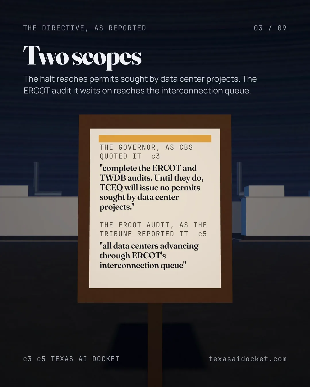 The halt reaches permits sought by data center projects. The ERCOT audit it waits on reaches the interconnection queue. "complete the ERCOT and TWDB audits. Until they do, TCEQ will issue no permits sought by data center projects." "all data centers advancing through ERCOT's interconnection queue"