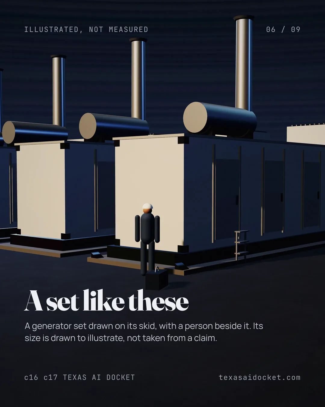 A generator set drawn on its skid, with a person beside it. Its size is drawn to illustrate, not taken from a claim.