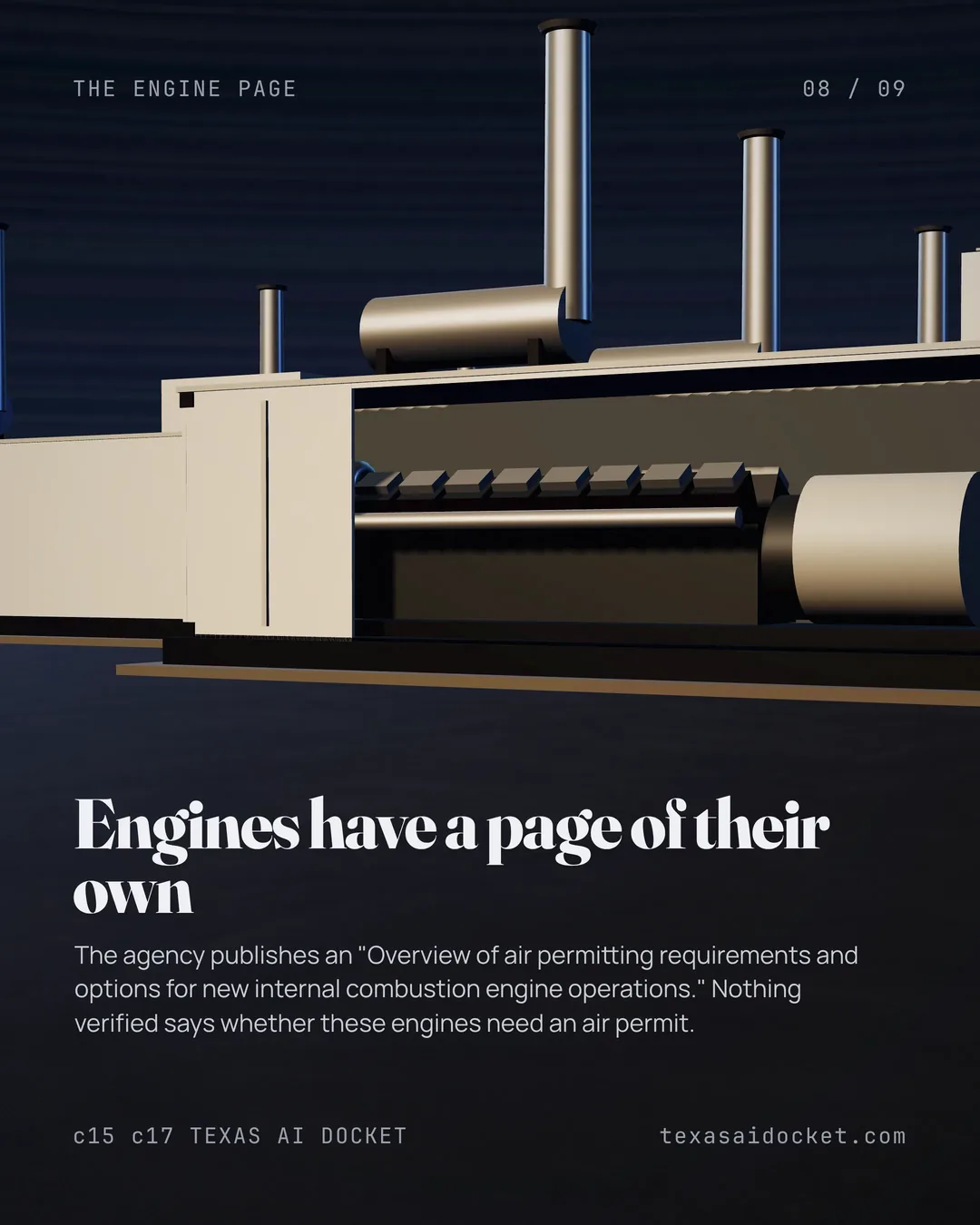 The agency publishes an "Overview of air permitting requirements and options for new internal combustion engine operations." Nothing verified says whether these engines need an air permit.