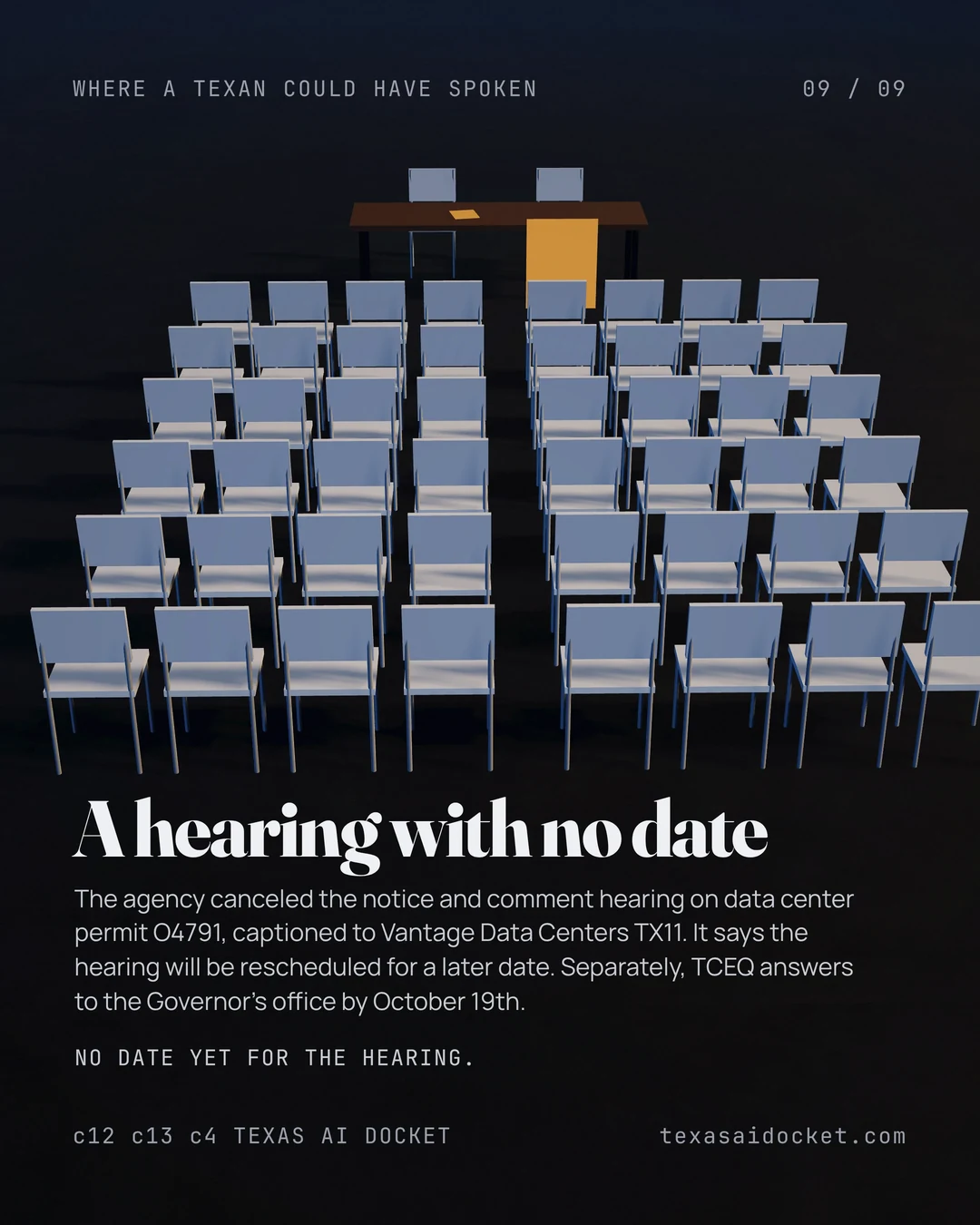 The agency canceled the notice and comment hearing on data center permit O4791, captioned to Vantage Data Centers TX11. It says the hearing will be rescheduled for a later date. Separately, TCEQ answers to the Governor's office by October 19th. No date yet for the hearing.