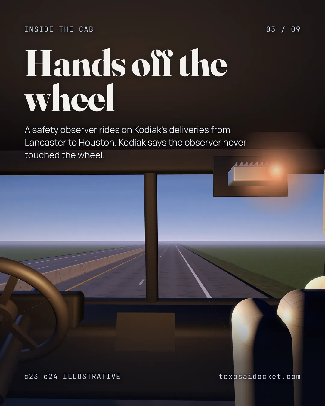 A safety observer rides on Kodiak's deliveries from Lancaster to Houston. Kodiak says the observer never touched the wheel.