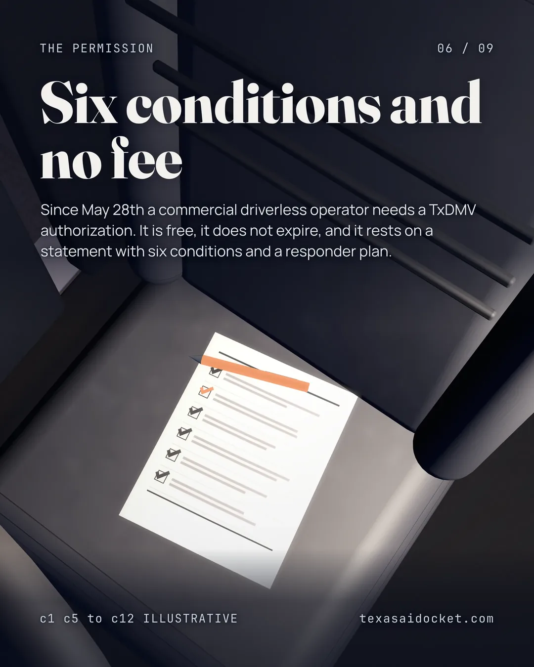 Since May 28th a commercial driverless operator needs a TxDMV authorization. It is free, it does not expire, and it rests on a statement with six conditions and a responder plan.