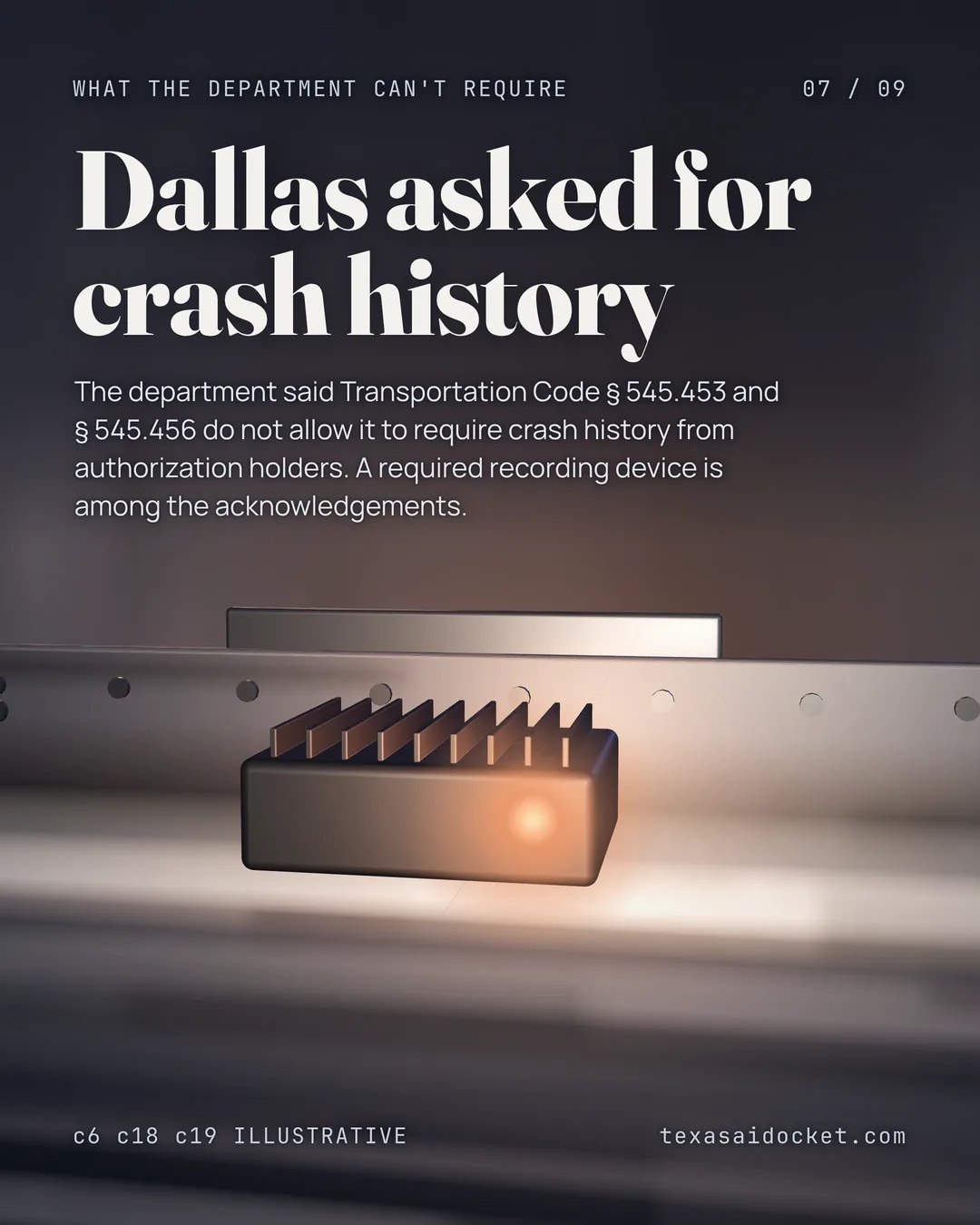 The department said Transportation Code § 545.453 and § 545.456 do not allow it to require crash history from authorization holders. A required recording device is among the acknowledgements.