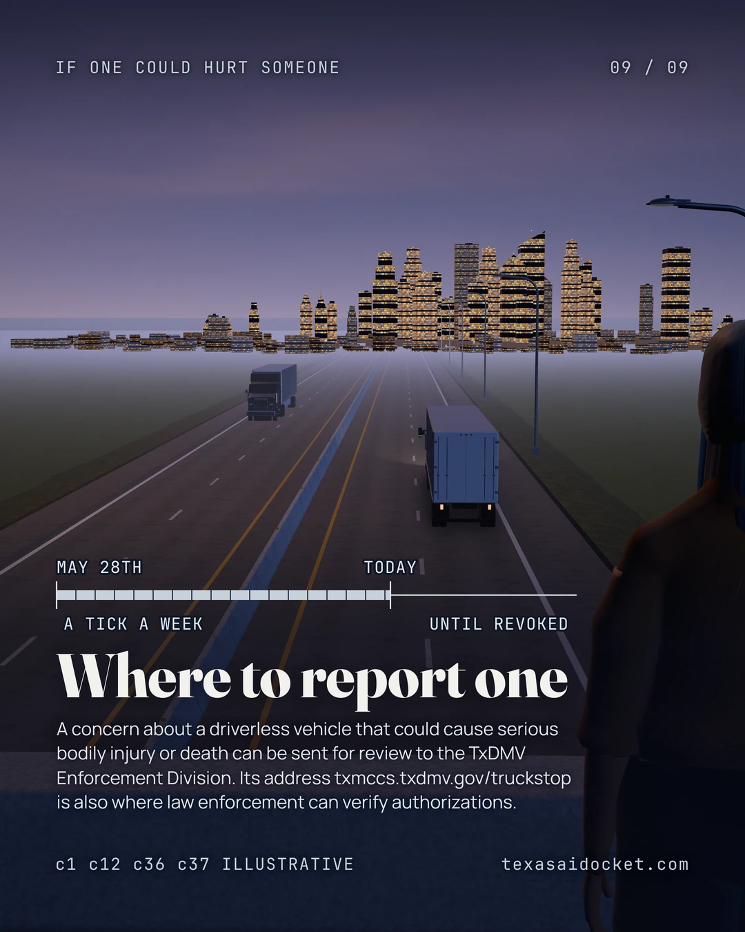 A concern about a driverless vehicle that could cause serious bodily injury or death can be sent for review to the TxDMV Enforcement Division. Its address txmccs.txdmv.gov/truckstop is also where law enforcement can verify authorizations.