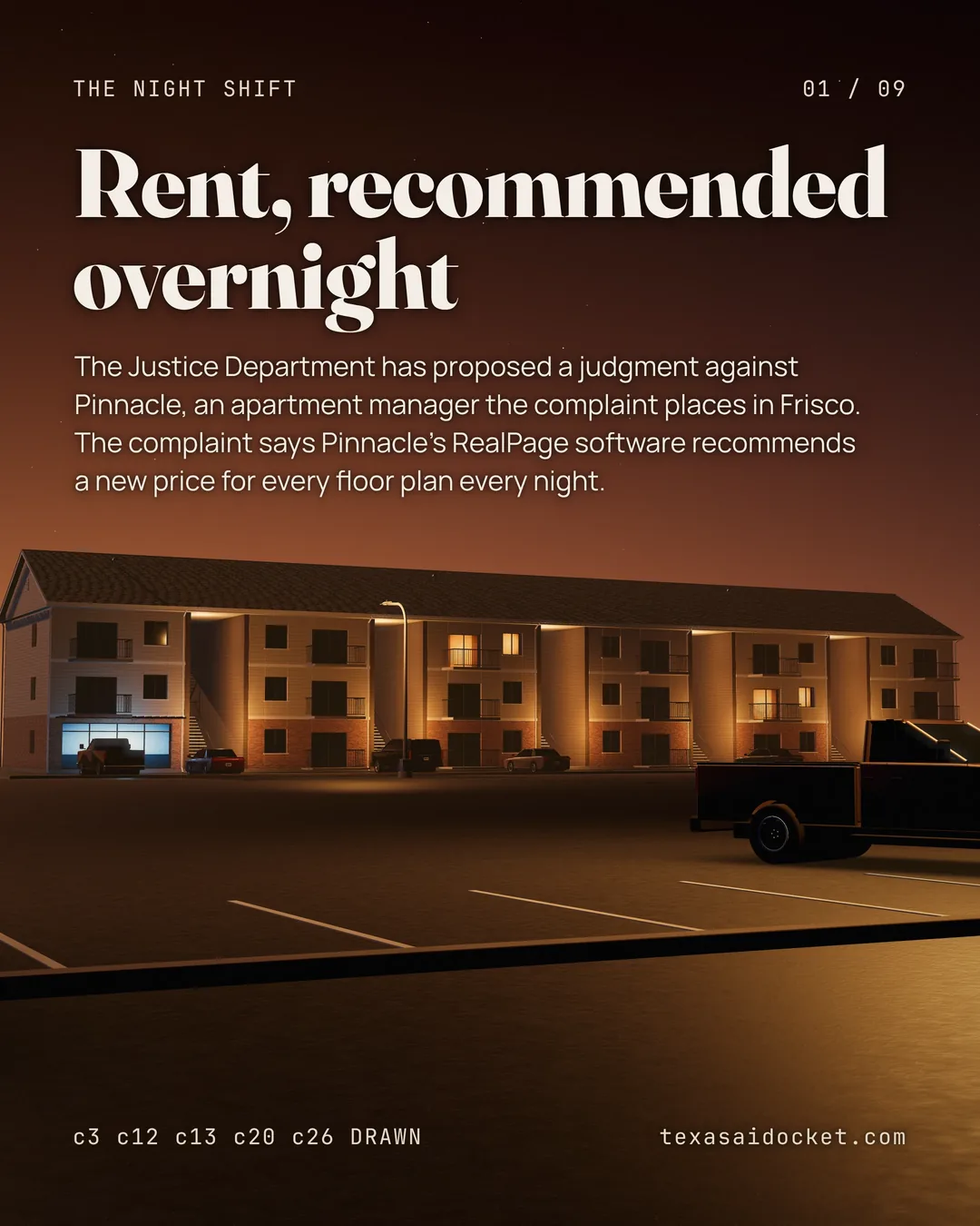 The Justice Department has proposed a judgment against Pinnacle, an apartment manager the complaint places in Frisco. The complaint says Pinnacle's RealPage software recommends a new price for every floor plan every night.