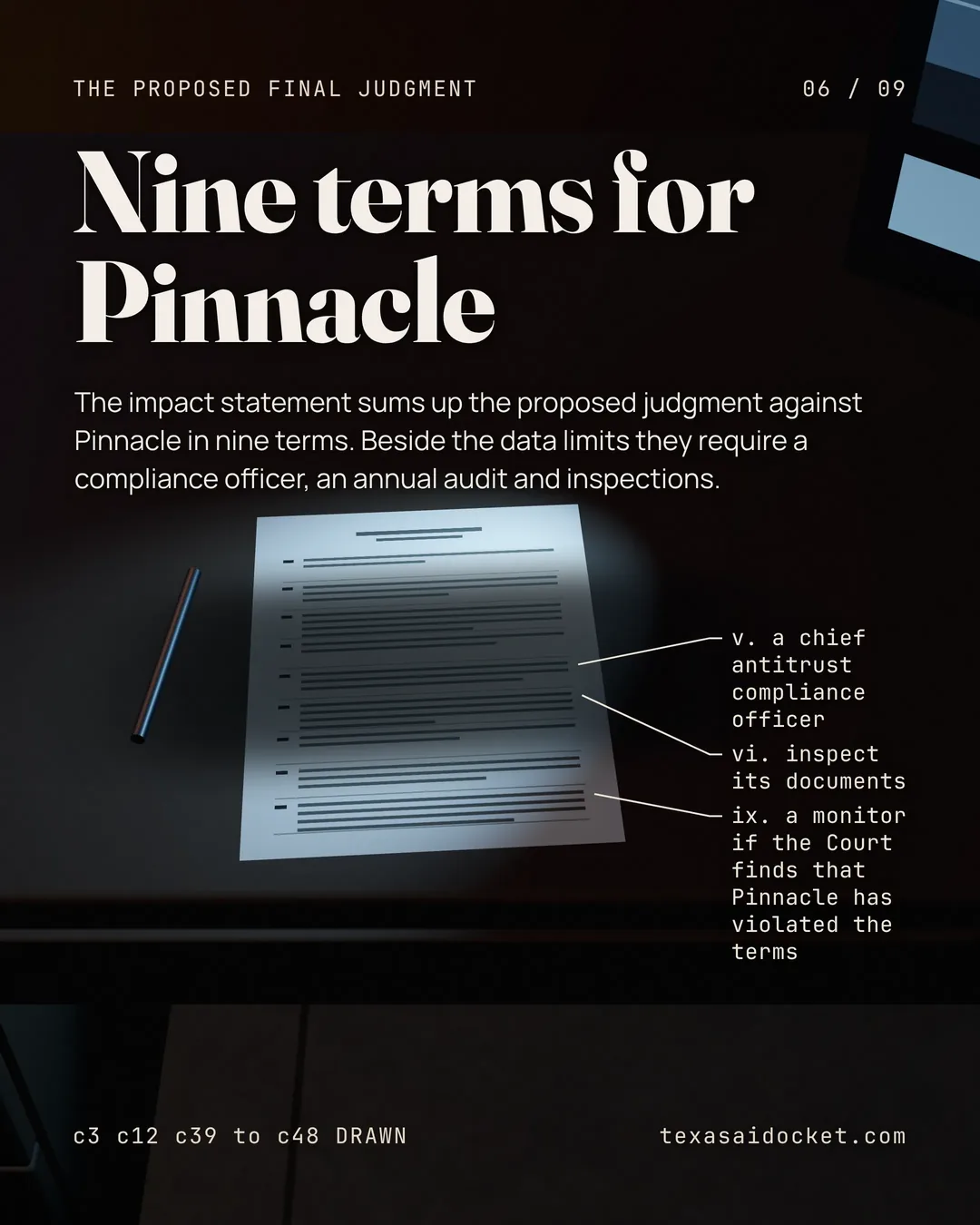 The impact statement sums up the proposed judgment against Pinnacle in nine terms. Beside the data limits they require a compliance officer, an annual audit and inspections. ix. a monitor if the Court finds that Pinnacle has violated the terms