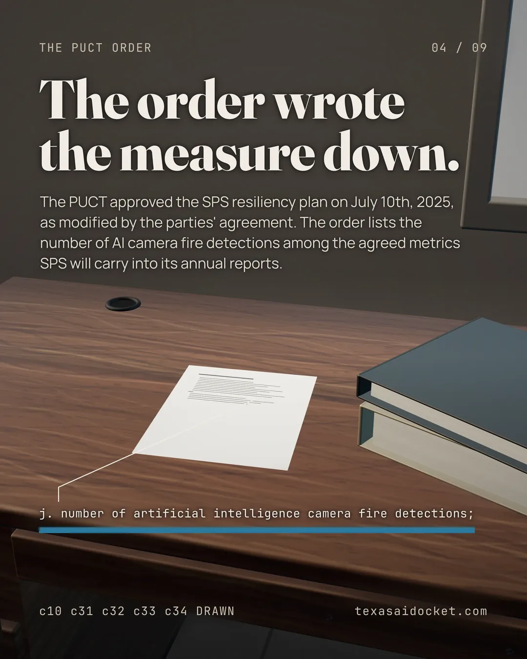 The order wrote the measure down. The PUCT approved the SPS resiliency plan on July 10th, 2025, as modified by the parties' agreement. The order lists the number of AI camera fire detections among the agreed metrics SPS will carry into its annual reports. j. number of artificial intelligence camera fire detections;
