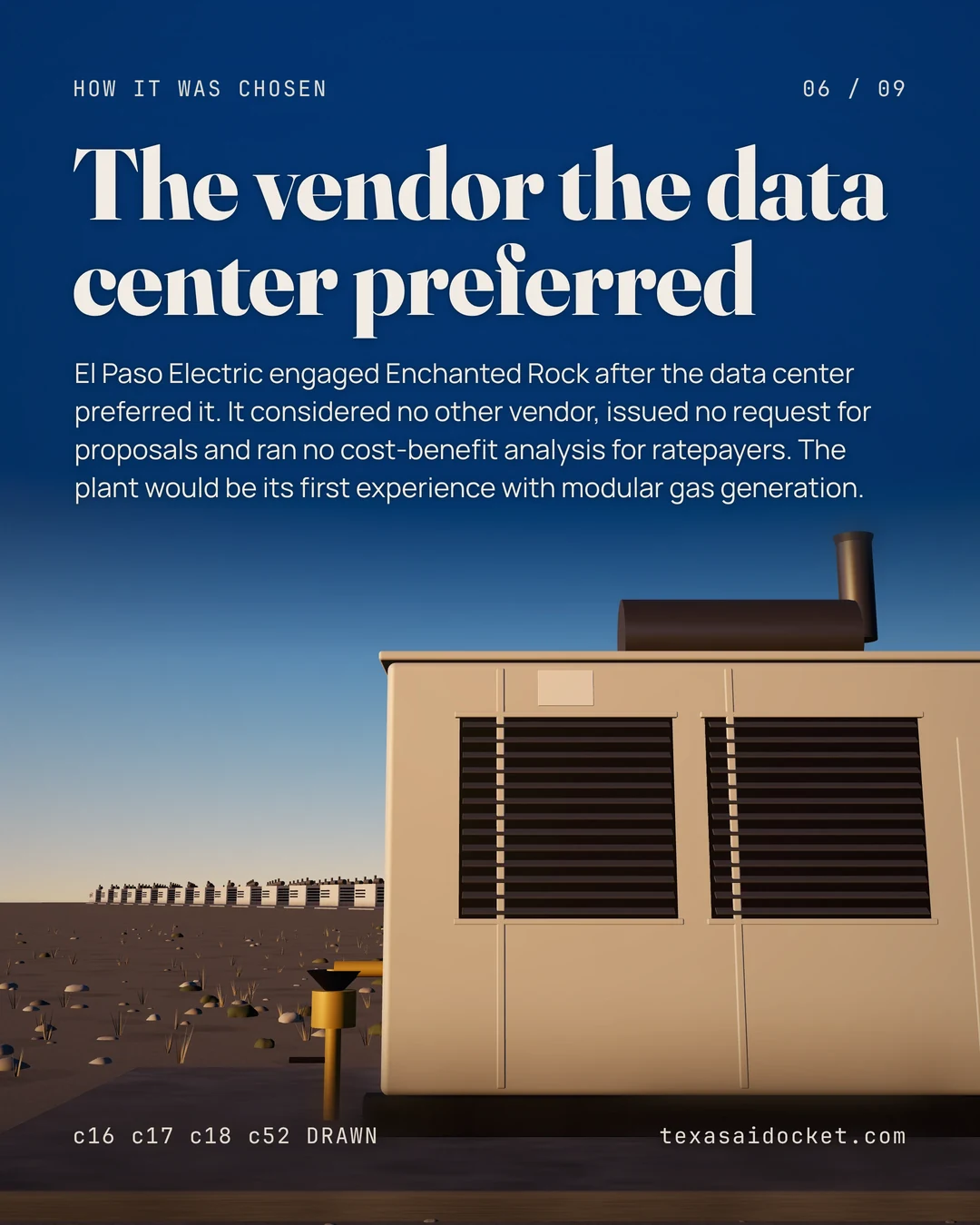 El Paso Electric engaged Enchanted Rock after the data center preferred it. It considered no other vendor, issued no request for proposals and ran no cost-benefit analysis for ratepayers. The plant would be its first experience with modular gas generation.