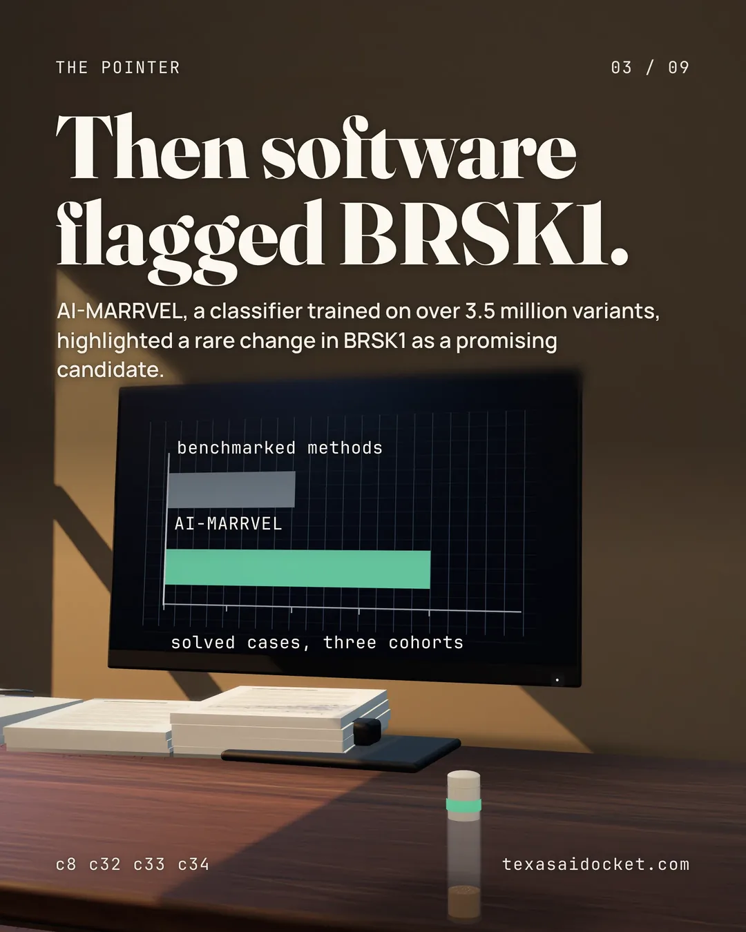 Then software flagged BRSK1. AI-MARRVEL, a classifier trained on over 3.5 million variants, highlighted a rare change in BRSK1 as a promising candidate.
